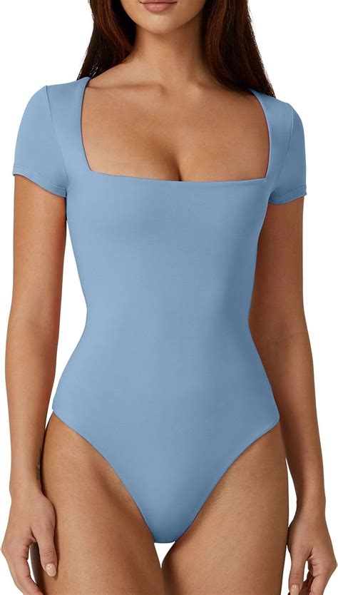 QINSEN Women S Square Neck Short Sleeve Bodysuit Sexy Body Suit Tops