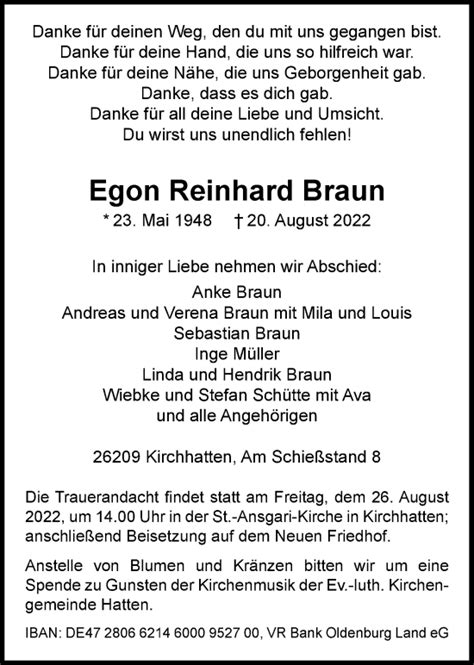 Traueranzeigen Von Egon Reinhard Braun Nordwest Trauer De