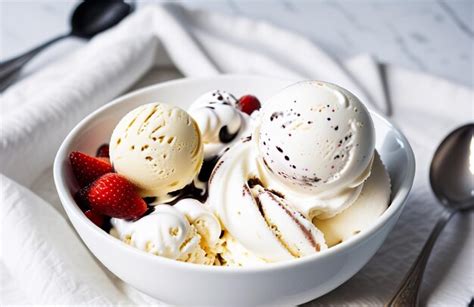 Premium AI Image | Ice Cream Sundae Delight White Bowl on White Napkin