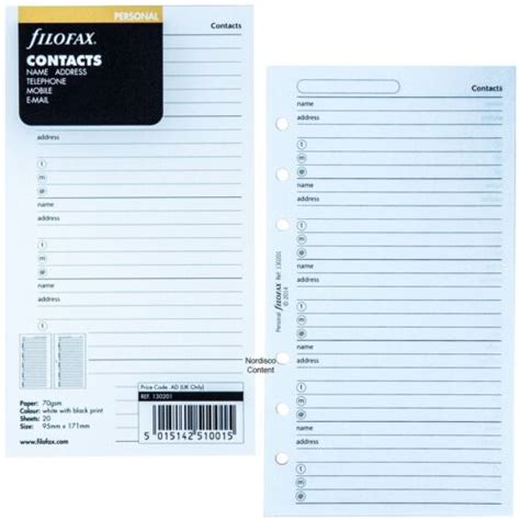 Filofax 130201 Personal Size Contacts Name Address Refill 95mmx171mm