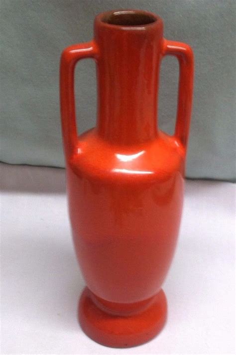 Vintage Frankoma Flame Orange Red 7 Footed 2 Handle Bud Vase 20 Mint