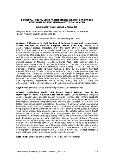 PDF PERBEDAAN PROFIL LIPID PASIEN STROKE ISKEMIK DAN STROKE HEMORAGIK