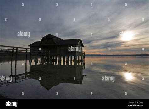 Germany Bavaria Inning Lake Ammersee Boathouse Sunset Light Stock