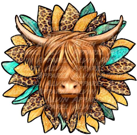 Highland Cow Turquoise Sunflower Dtf Transfer Ready To Press Etsy