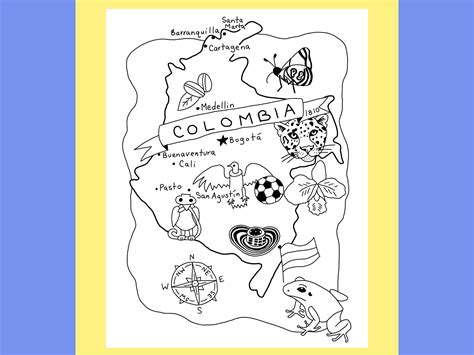 Colombia Coloring Page Printable Country Map Packet Travel Poster