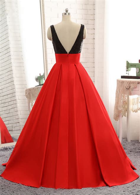 Red Prom Dress Luxury Satin Black Sequins Top Ball Gown Sexy V Back Prom Party Gown On Luulla