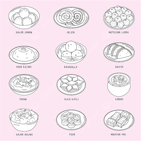 Hand Drawn Sweet Vector Hd Images, Indian Sweets Snacks Set Hand Drawn Vector, Hinduism, Sweets ...