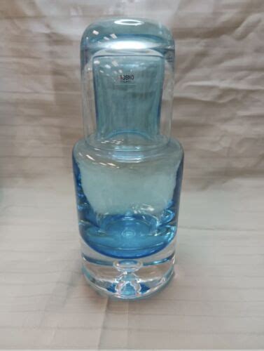 Krosno Poland Blue Bedside Water Carafe Tumble Up Bubble Base Ebay