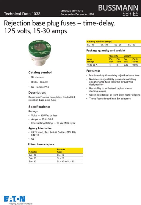 Bussmann Series Rejection Sl Plug Fuse Data Sheet No Brochure