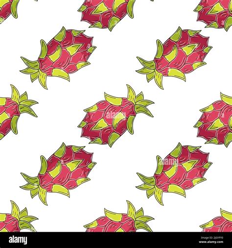 Dragon Fruit Pitaya Seamless Pattern With Tropical Fruits