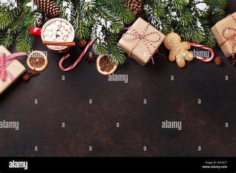 Christmas Background With Fir Tree Hot Chocolate And Marshmallow Top