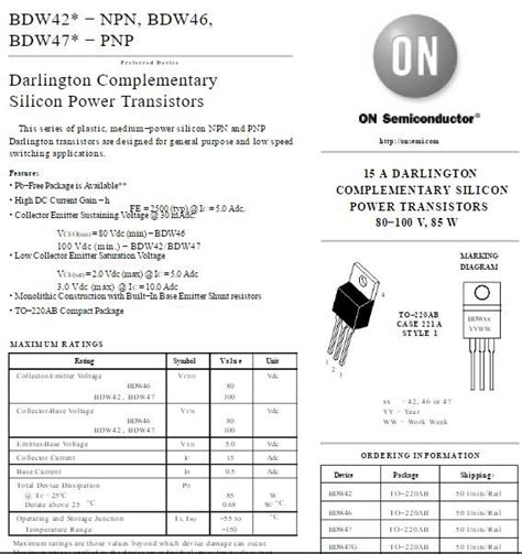 Bdw G Bdw A V Pnp Darlington Bipolar Power Transistor