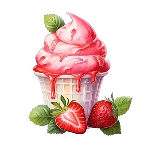 Watercolor Strawberry Ice Cream Strawberry Ice Cream Cone Strawberry