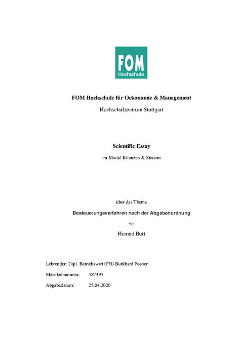 Scientific Essay Bilanzen Steuern Fom Hochschule F R Oekonomie