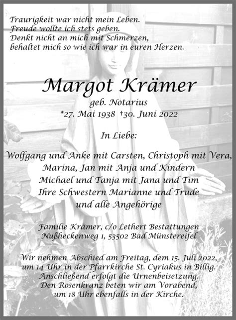 Traueranzeigen von Margot Krämer WirTrauern