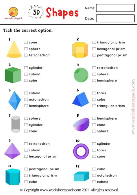 3D Shapes Quiz, Solids Multiple Choice Test - worksheetspack