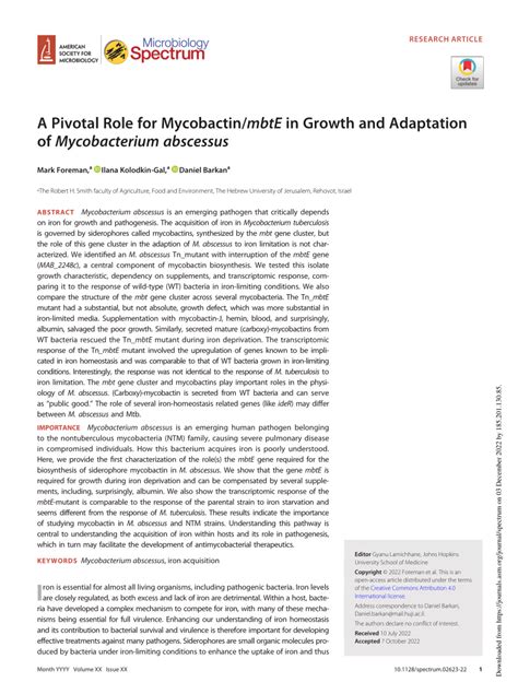 PDF A Pivotal Role For Mycobactin MbtE In Growth And Adaptation Of