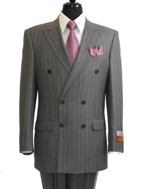 Mens Grey ~ Grey Stripe Pinstripe Double Breasted Suit Rayon Fabric