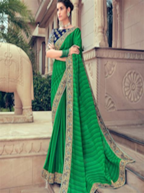 Buy Shaily Sea Green Navy Blue Striped Pure Chiffon Saree Sarees