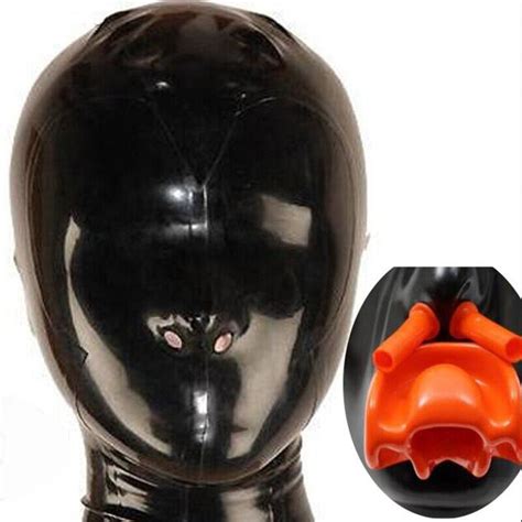 Latex Hood With Red Teeth Gag And Nasal Tubes Back Zipper Rubber Fetish Mask Ebay