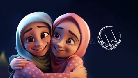 Eid Mubarak Banner Design With Adorable Smiley Muslim Girls Character