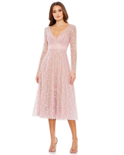 Mac Duggal 68003 Shimmer Long Sleeve Tea Length Dress In Pink Lyst