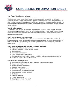 Fillable Online CONCUSSION INFORMATION SHEET Usaswimming Org Fax