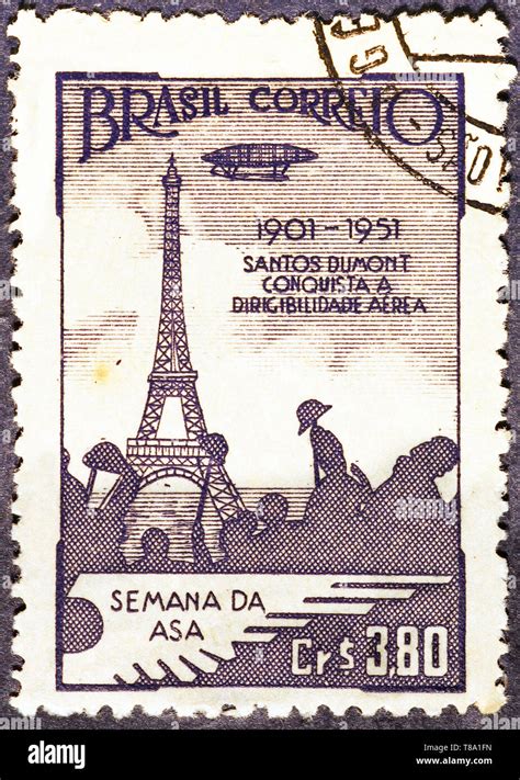 Vintage Brazilian Postage Stamp With Eiffel Tower In Paris Stock Photo