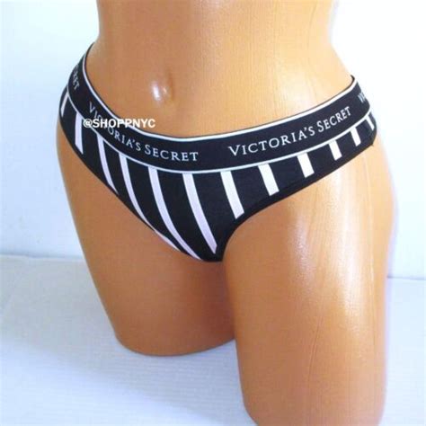 Victoria S Secret Cotton Thong Panty S M L Xl Logo Black Pink Stripe Ebay