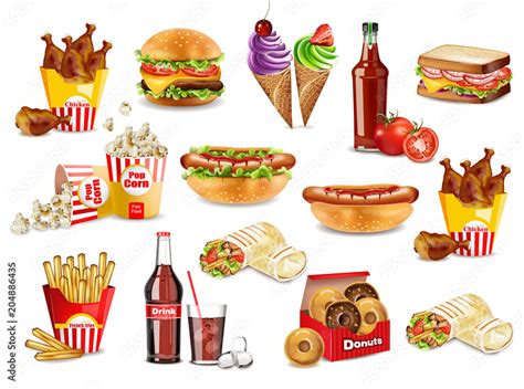 Fast Food Meals Set Collection Vector Realistic Detailed Collection