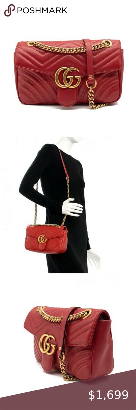 Gg Marmont Calfskin Matelasse Small Hibiscus Red Leather Shoulder Bag