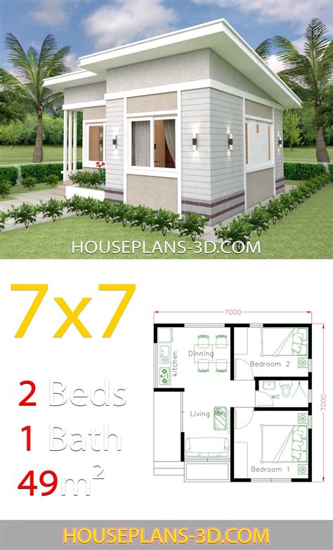 Small House Design 7x7 With 2 Bedrooms House Plans 3D