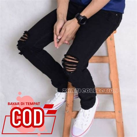 Jual Celana Jeans Sobek Pria Hitam Robek Lutut Ripped Jeans Street