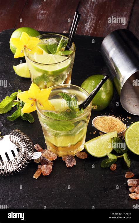 Lemon Fruit Lime Caipirinha Of Brazil On Stone Rustic Background Stock