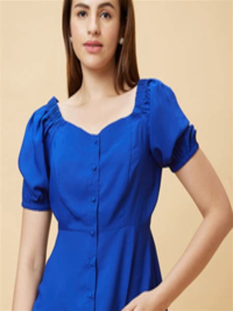 Buy Globus Blue Sweetheart Neck Puff Sleeves Peplum Top Tops For Women 26654266 Myntra