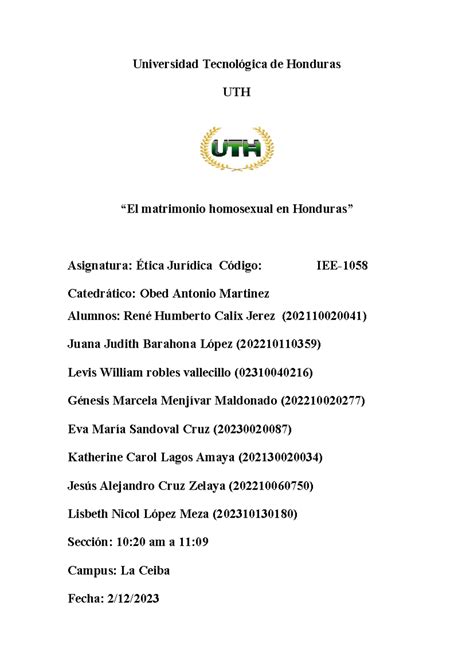 Documento Ensayo Universidad Tecnológica De Honduras Uth “el Matrimonio Homosexual En