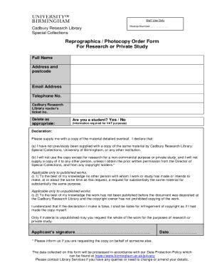 Fillable Online Reprographics Photocopy Order Form For Research Or