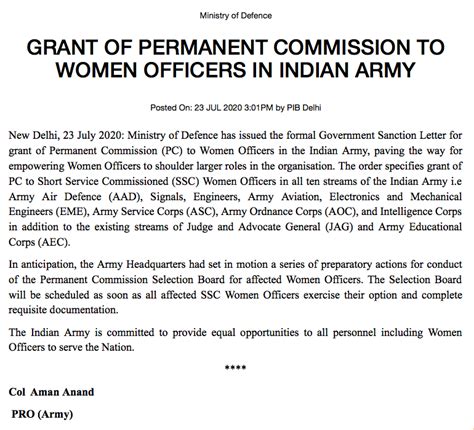 Centre Sanctions Permanent Commission To Women Officers In Indian Army