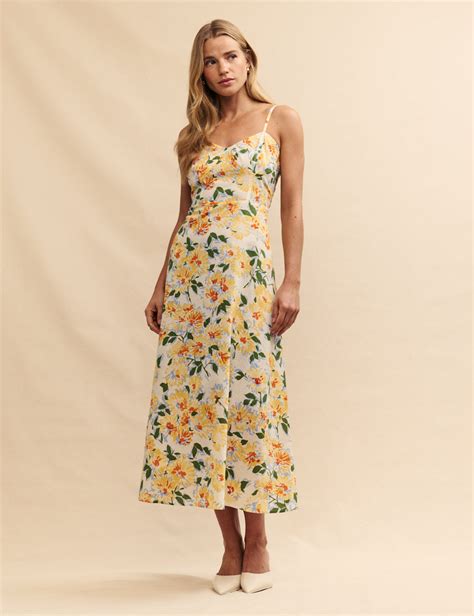 Yellow Floral Linen Blend Pippin Midi Dress