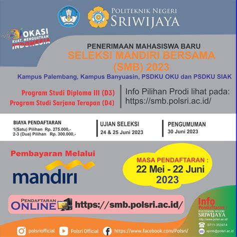 Seleksi Mandiri Bersama SMB Politeknik Negeri Sriwijaya Tahun 2023