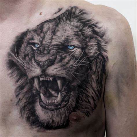 Realistic Lion Chest Tattoo For Men