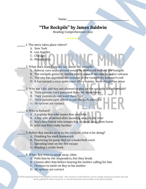 The Rockpile By James Baldwin Quiz And Answer Key Teaching Resources