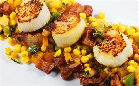 Seared Scallops With Bacon Peppers And Corn Inspired Cuisine