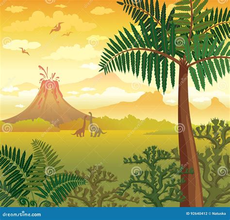 Paisaje Prehistórico Con Los Dinosaurios El Volcán Y Las Plantas Ilustración Del Vector