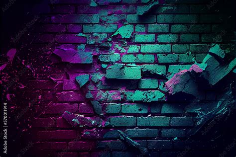 Broken Brick Wall Texture Purple Magenta And Teal Green Neon Colours