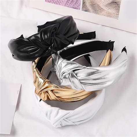 Gold Silver Knotted Hairbands Glitter Headband Solid Color Leather Hair