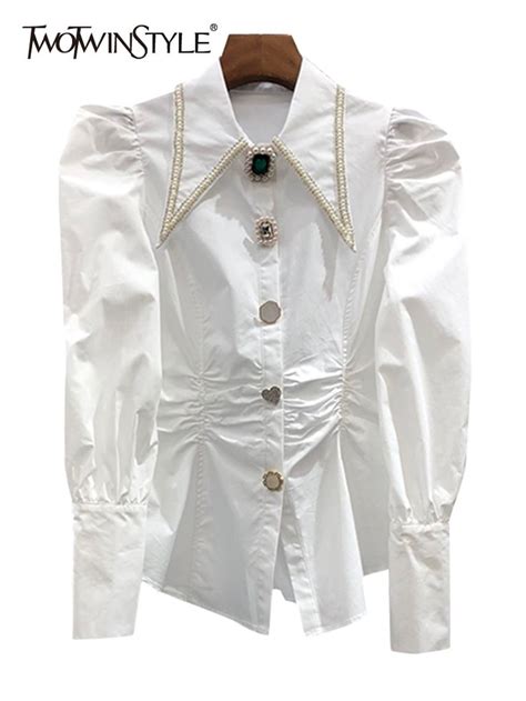 4224us Twotwinstyle White Patchwork Pearl Shirt For Women Lapel Puff Sleeve Solid Straight