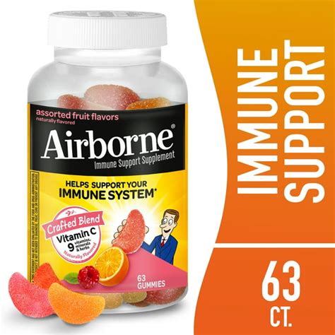 Airborne Assorted Fruit Flavored Gummies 63 Count 750mg Of Vitamin C And Minerals And Herbs