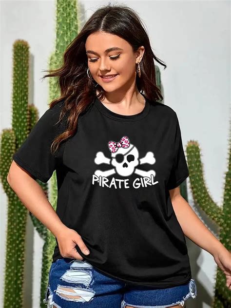 Plus Size Casual T Shirt Womens Plus Skull Letter Print Temu Norway