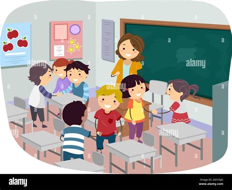 Illustration Of Kids And Teacher In Classroom Getting To Know Each